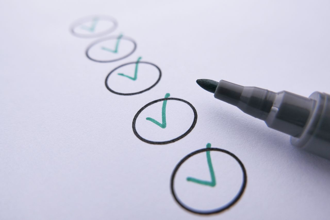 about-01 Close-up of a checklist with green checkmarks on white paper using a marker.